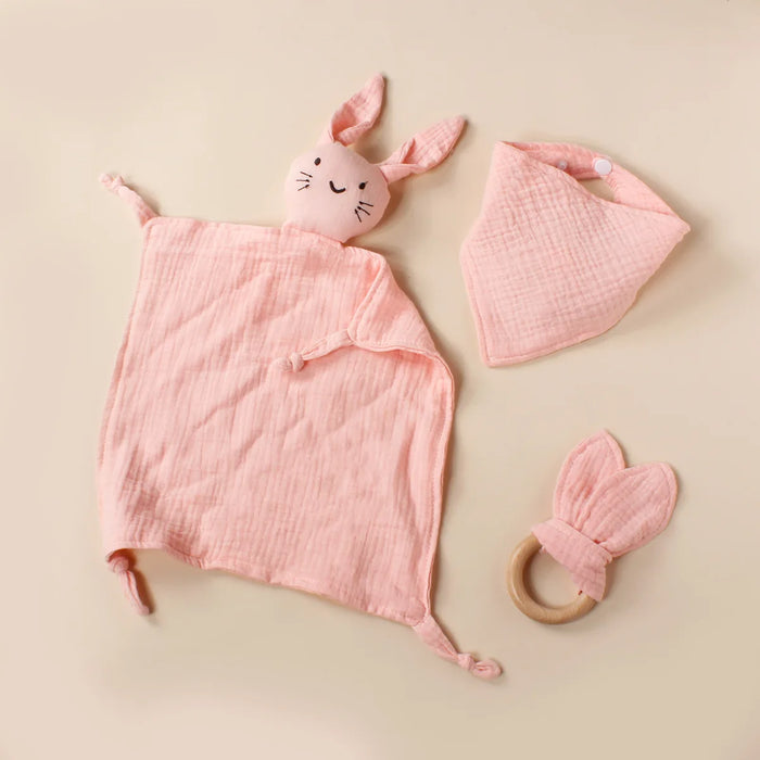 Muslin Bib, Burp Cloth and Teething Ring Set, Pink