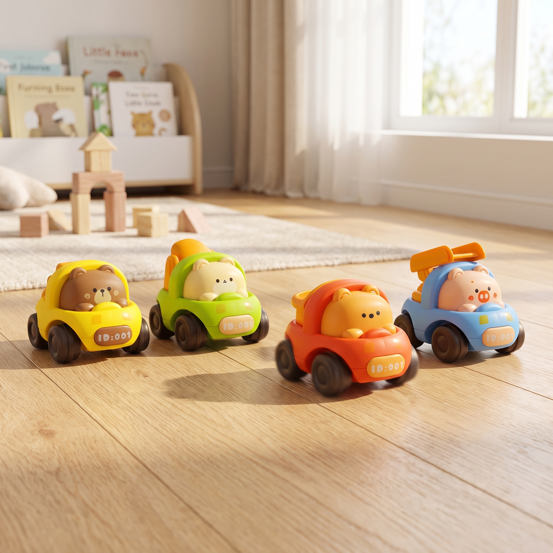 Pull-Back Animal Cars, lined up on a light wooden floor in a playroom
