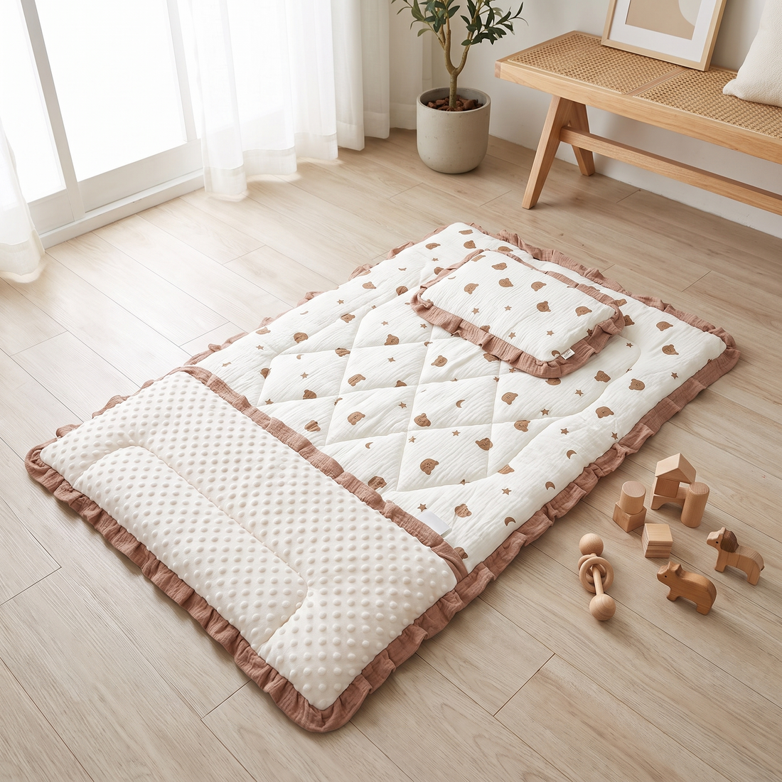 Padded Baby Floor Mat with Pillow, laid flat on a light wooden floor with wooden toys beside it