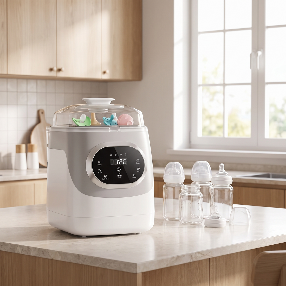 Baby Bottle Washer, on a clean kitchen counter with baby bottles beside it