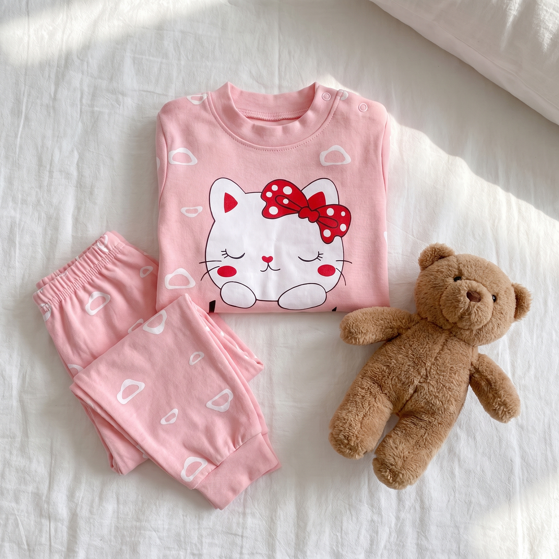 Baby Cotton Pajama Set, folded flat lay on a white bed with a small teddy