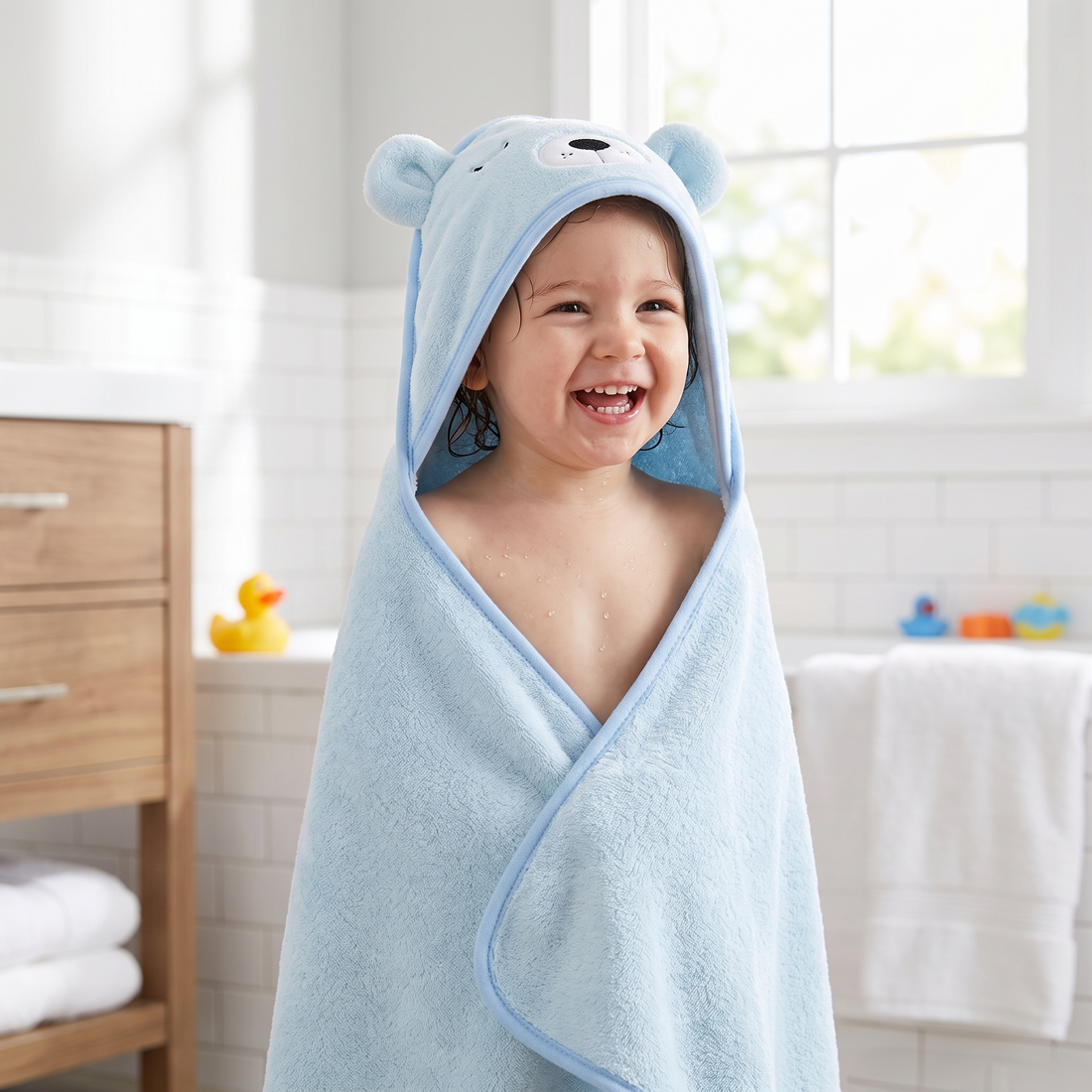 Hooded Baby Towel, wrapped around a toddler after a bath, hood up
