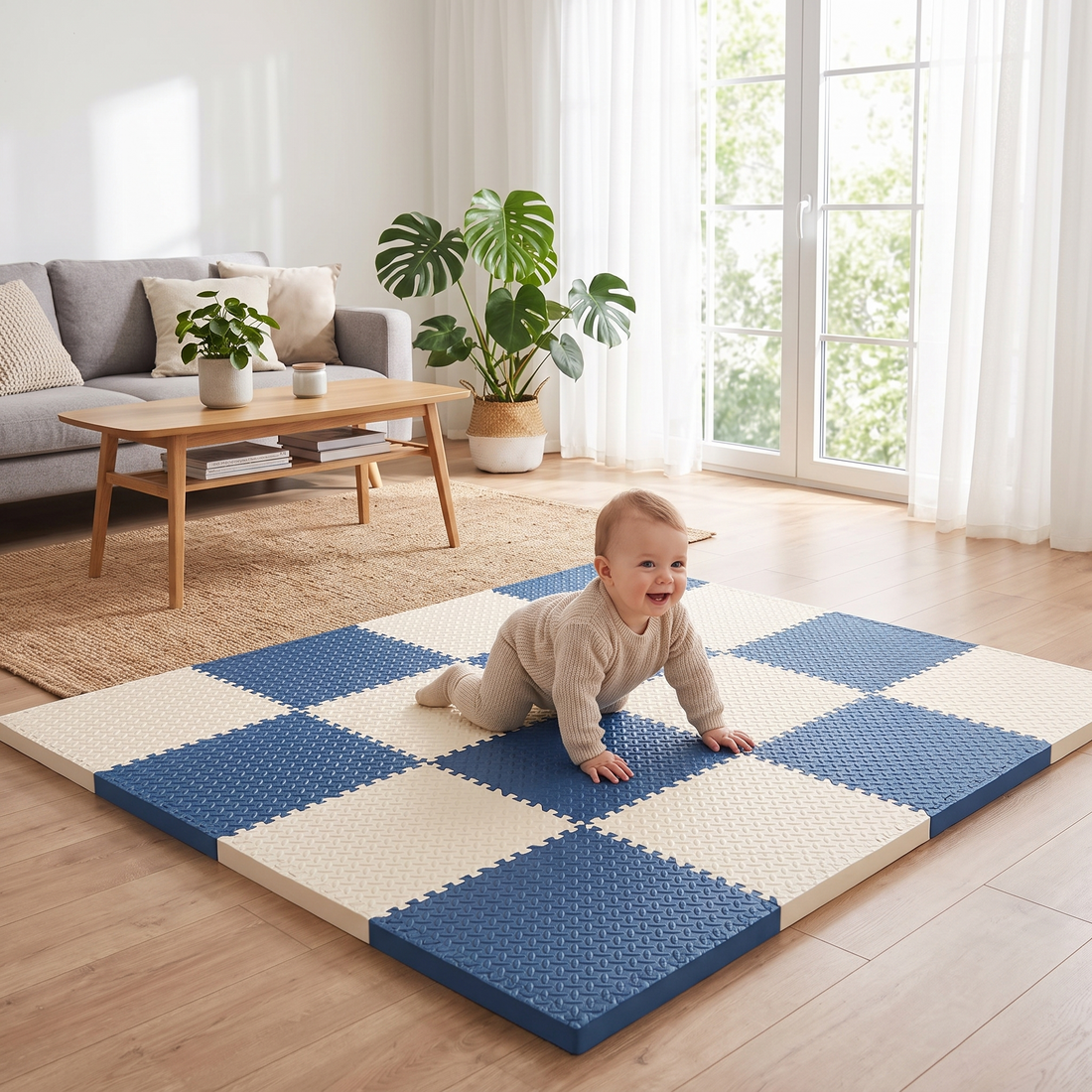 Foam Play Mat, tiles laid out on a living room floor with a baby crawling