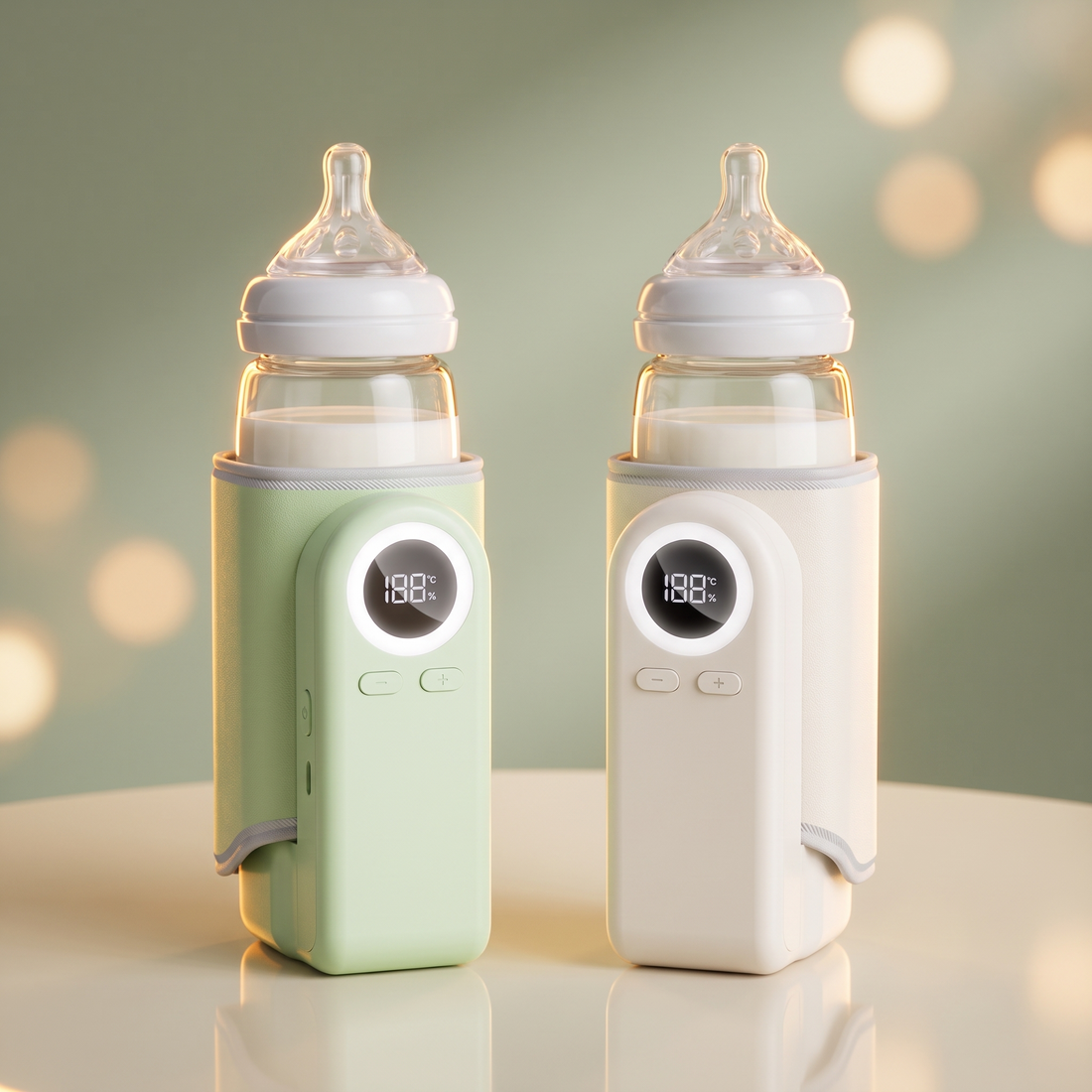 Portable bottle warmer in green and white, each holding a baby bottle