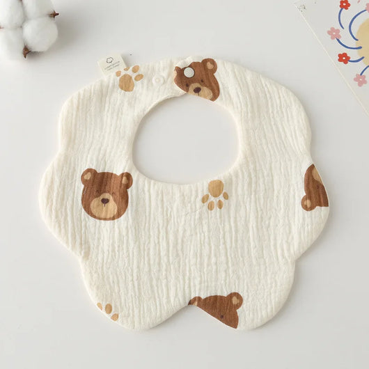 Muslin Baby Bib, Petal Shape, Coffee bear