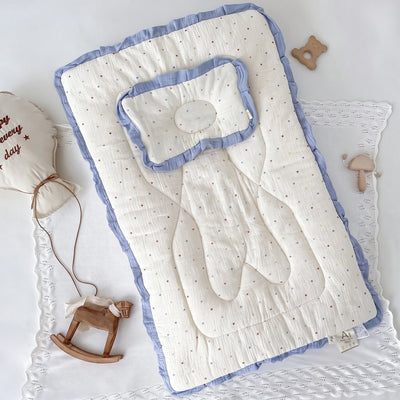 Padded baby floor mat with pillow, colorful polka dots print