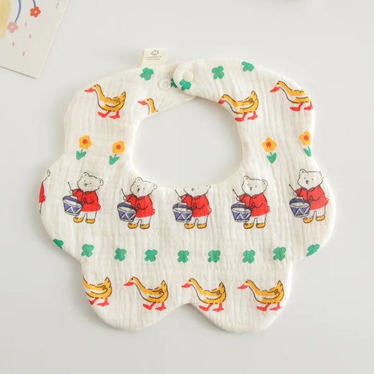 Muslin Baby Bib, Petal Shape, Drumming Bear