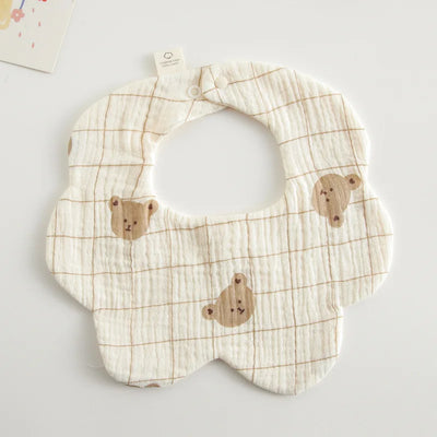Muslin Baby Bib, Petal Shape, Grid bear