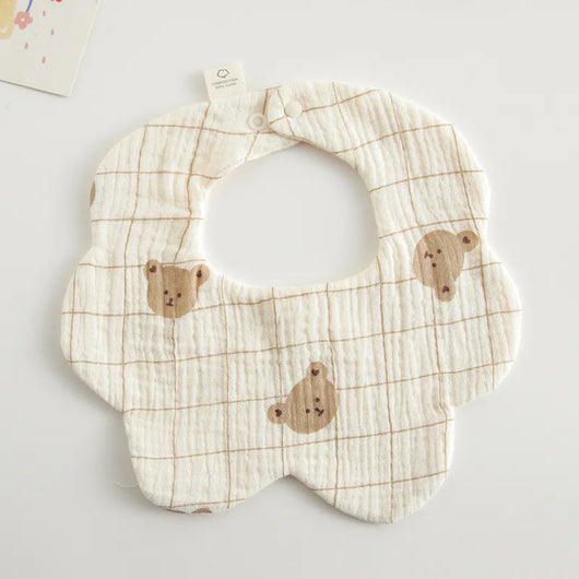 Muslin Baby Bib, Petal Shape, Grid bear