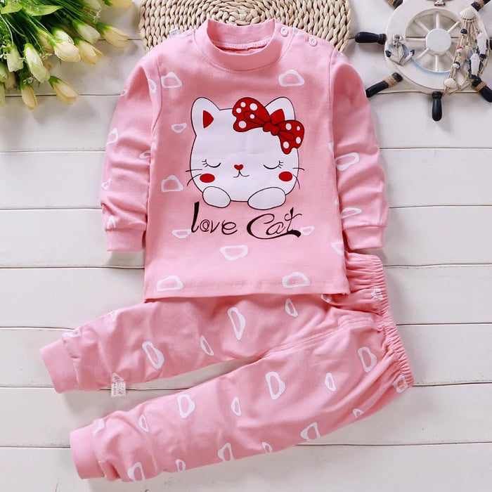 Baby Cotton Pajama Set, Top and Pants, Pink kitty, 6-12 months