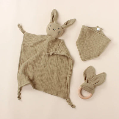 Muslin Bib, Burp Cloth and Teething Ring Set, Deep khaki