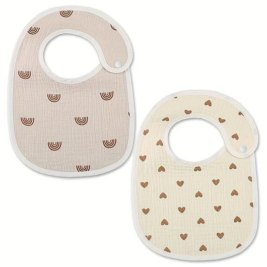Cotton Gauze Baby Bibs, 2 Pack, Rainbows & hearts