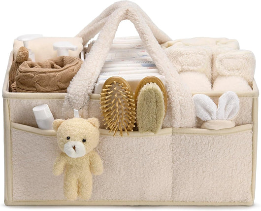 Plush Diaper Caddy Organizer with Teddy Charm, Ivory