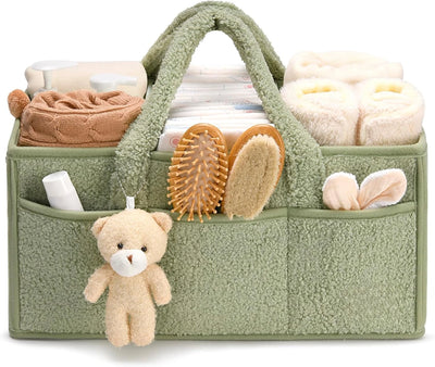 Plush Diaper Caddy Organizer with Teddy Charm, Lily Green