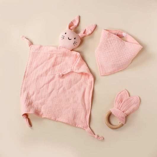 Muslin Bib, Burp Cloth and Teething Ring Set, Pink
