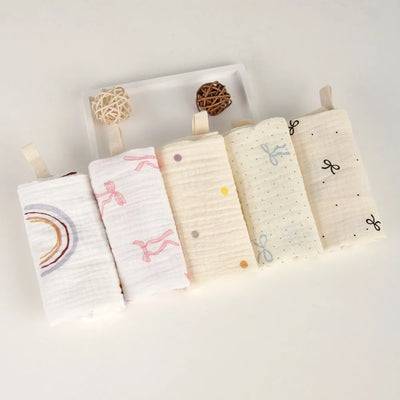 Muslin Baby Washcloths, 6-Layer Cotton, 3 or 5 Pack, 5-pack, rainbows & bunnies