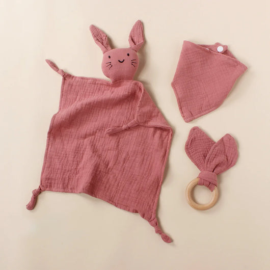 Muslin Bib, Burp Cloth and Teething Ring Set, Deep skin pink
