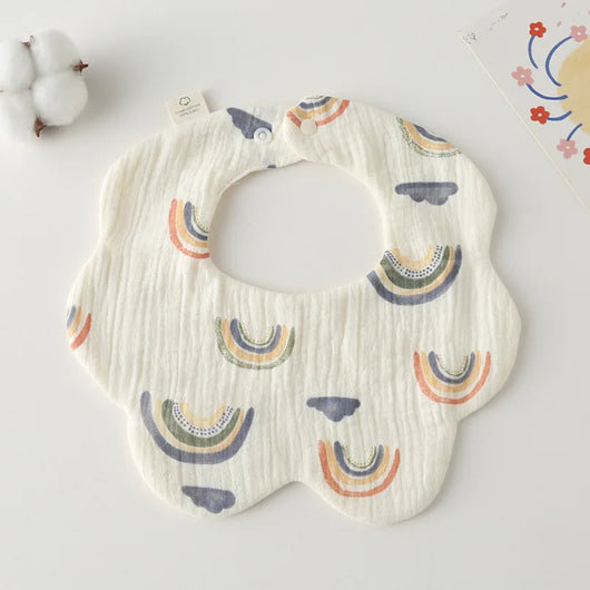 Muslin Baby Bib, Petal Shape, Rainbow Clouds