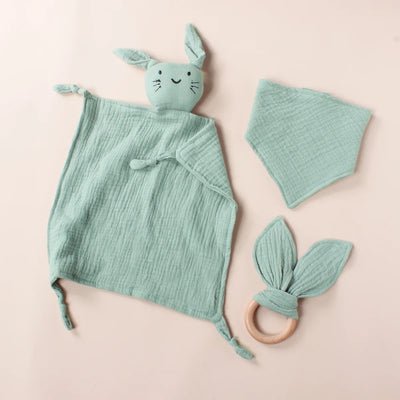 Muslin Bib, Burp Cloth and Teething Ring Set, Pea green