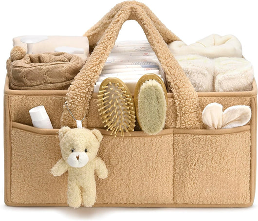 Plush Diaper Caddy Organizer with Teddy Charm, Beige