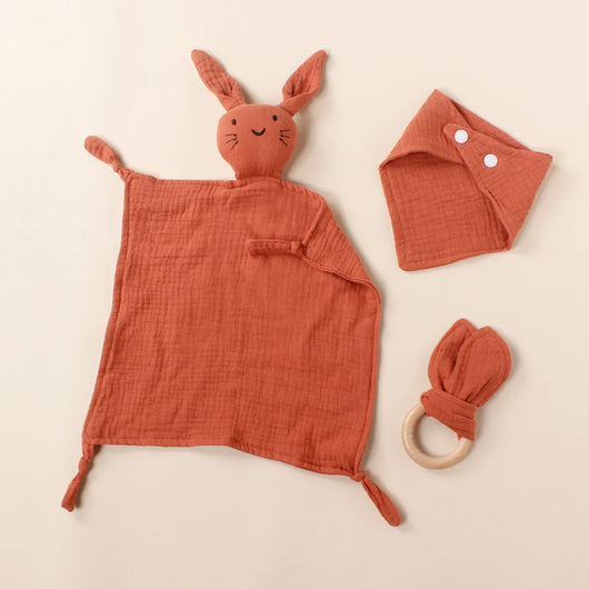 Muslin Bib, Burp Cloth and Teething Ring Set, Brick red