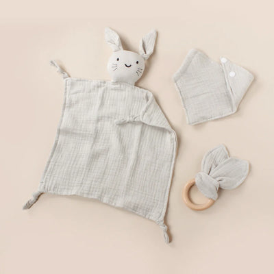 Muslin Bib, Burp Cloth and Teething Ring Set, Light gray