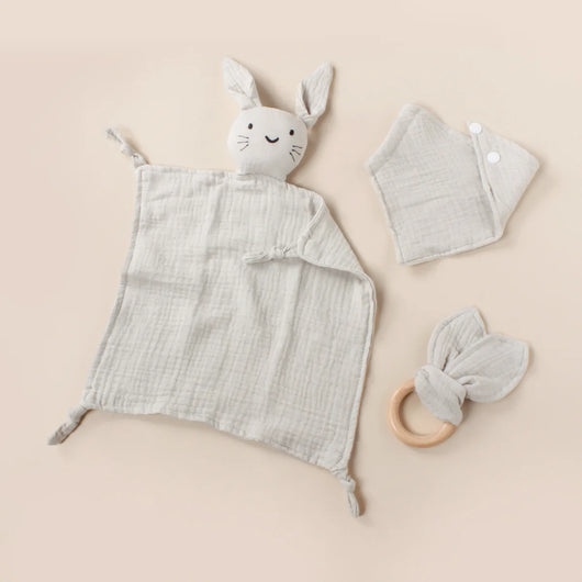 Muslin Bib, Burp Cloth and Teething Ring Set, Light gray