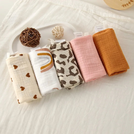 Muslin Baby Washcloths, 6-Layer Cotton, 3 or 5 Pack, 5-pack, leopard & rainbow