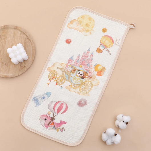 Long Muslin Burp Cloth with Storybook Print, Hot-air balloons