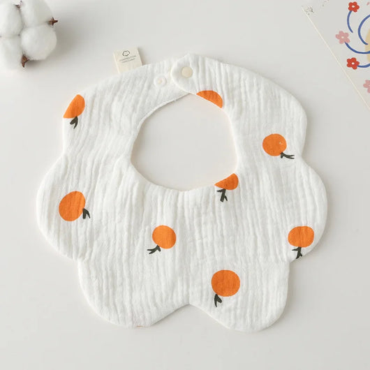 Muslin Baby Bib, Petal Shape, White Orange