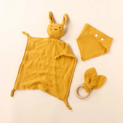 Muslin Bib, Burp Cloth and Teething Ring Set, Ginger