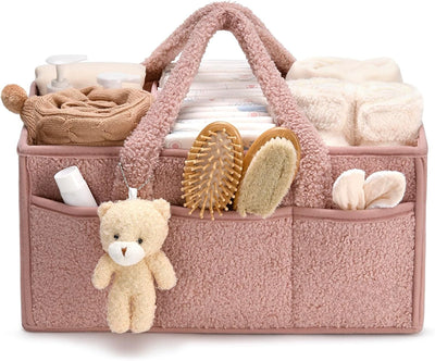 Plush Diaper Caddy Organizer with Teddy Charm, Powder Pink