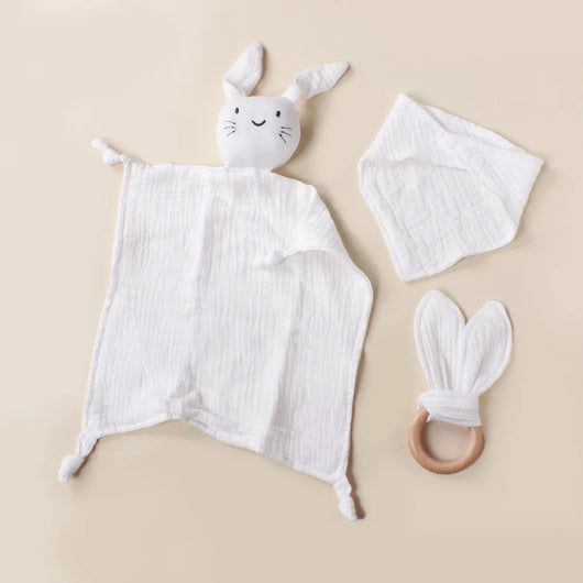 Muslin Bib, Burp Cloth and Teething Ring Set, White