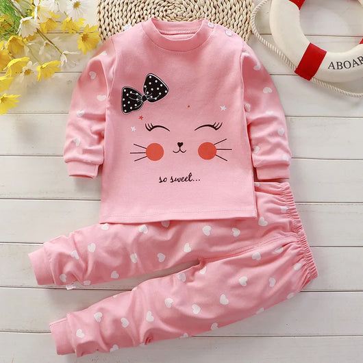 Baby Cotton Pajama Set, Top and Pants, Pink cat with bow, 6-12 months