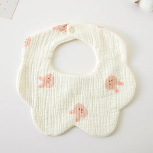 Muslin Baby Bib, Petal Shape, Pink rabbit