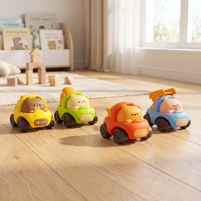 Pull-Back Animal Cars, lined up on a light wooden floor in a playroom