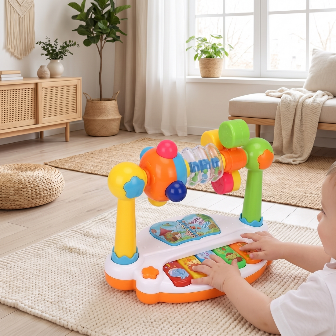 Spinning Baby Piano Toy with Lights and Music, on a playmat with a toddler pressing the keys