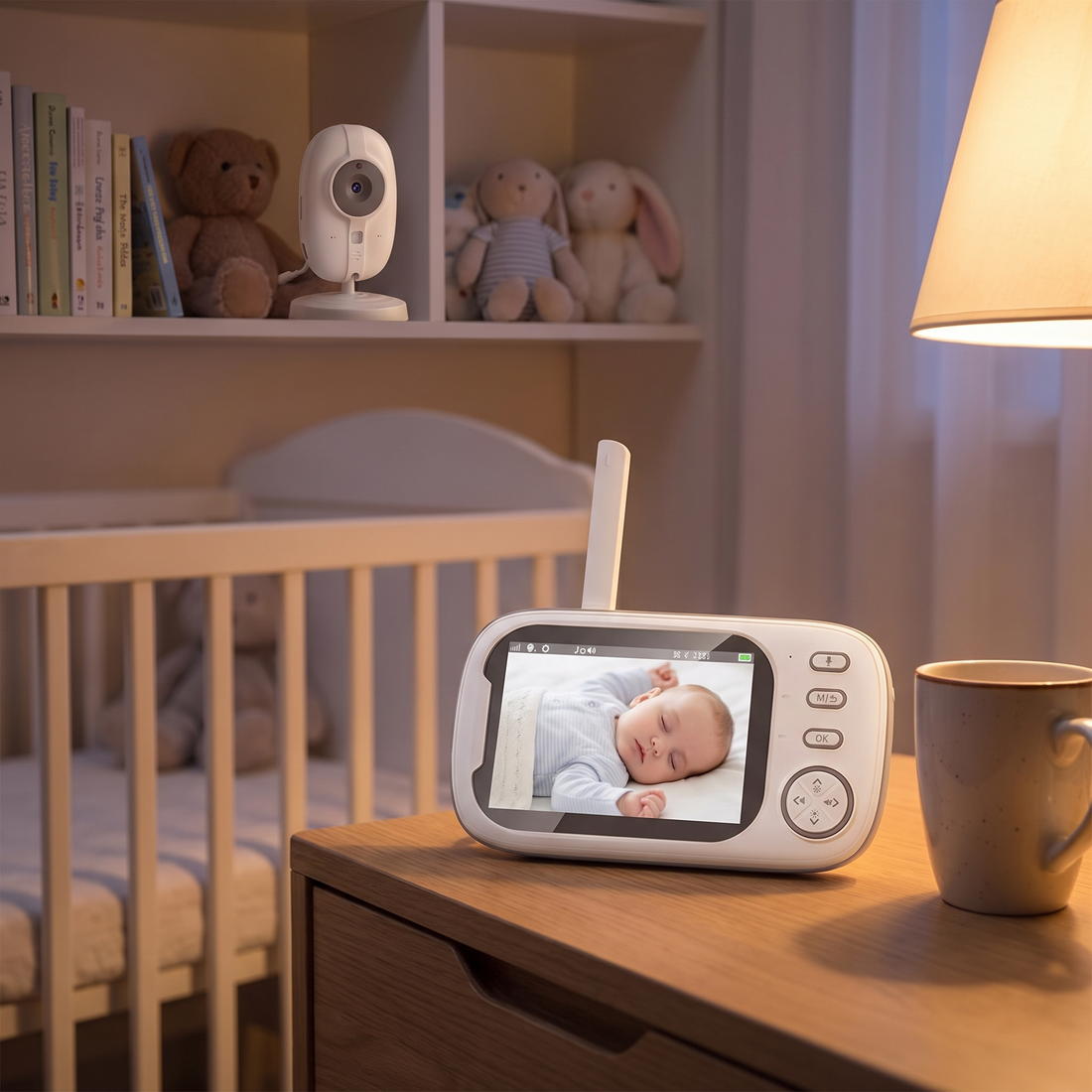 Video Baby Monitor, parent unit on a bedside table, camera on a nursery shelf