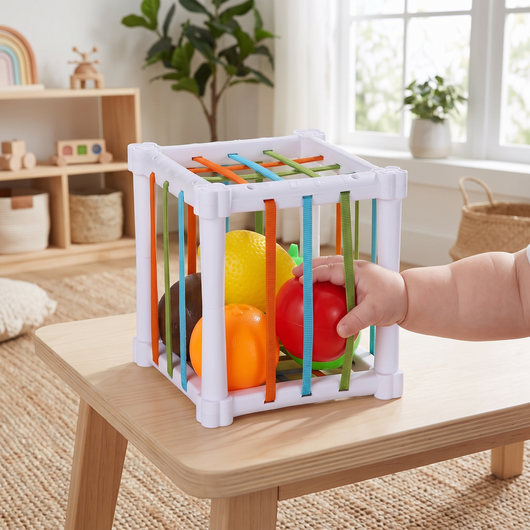 Rainbow Fruit Stacking Toy, pieces spread on a light wooden play table, a baby hand reaching for one