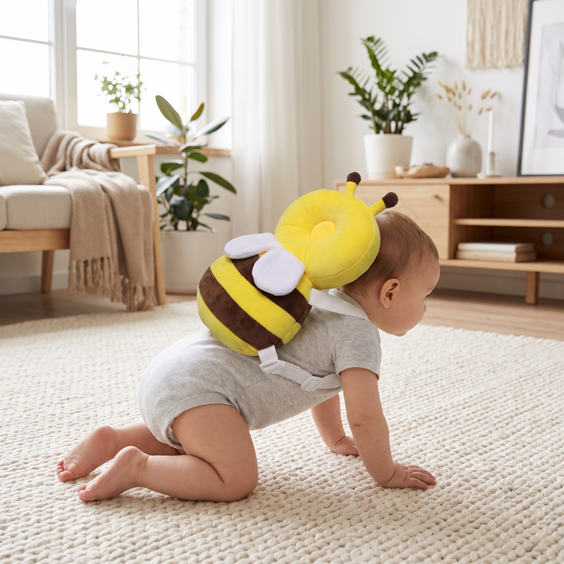 Bee Head Protector Backpack for Toddlers, worn on the back of a toddler crawling on a rug