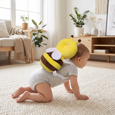 Bee Head Protector Backpack for Toddlers, worn on the back of a toddler crawling on a rug