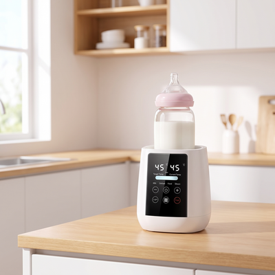 6-in-1 Baby Bottle Warmer with LCD, on a clean kitchen counter next to a baby bottle, soft morning light