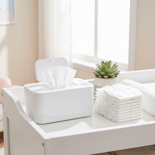 Baby Wipe Warmer with LED Display, on a white changing table next to a stack of diapers