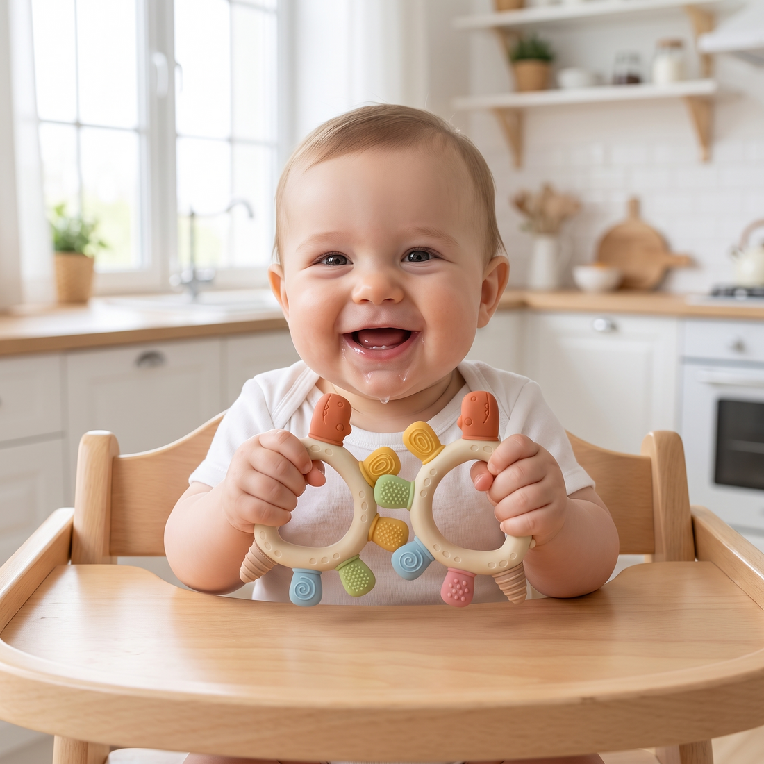 Dinosaur Silicone Teether, held by a baby sitting in a high chair, close up