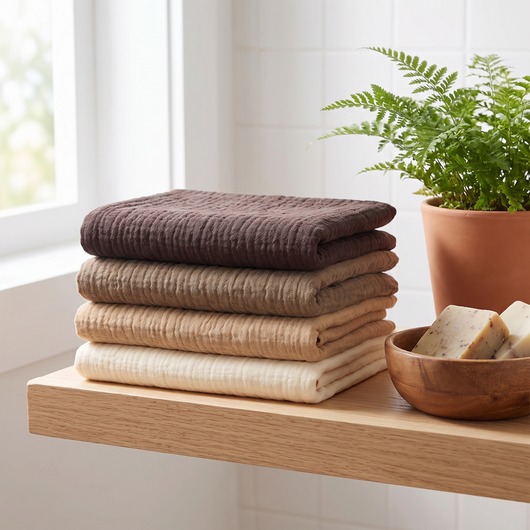 Muslin Baby Washcloths, folded in a stack on a bathroom shelf next to a small wooden bowl