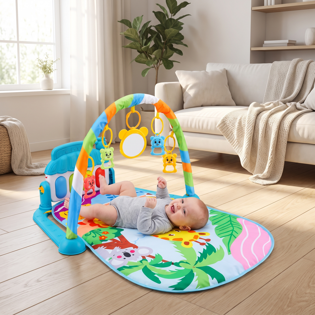 Kick and Play Piano Gym, set up on a living room floor with a baby lying on the mat kicking the piano