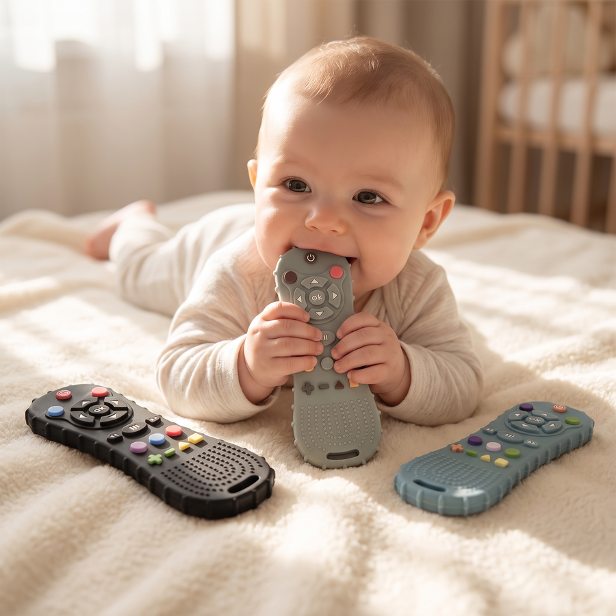 Remote Control Teether, held by a baby lying on a soft blanket, chewing it