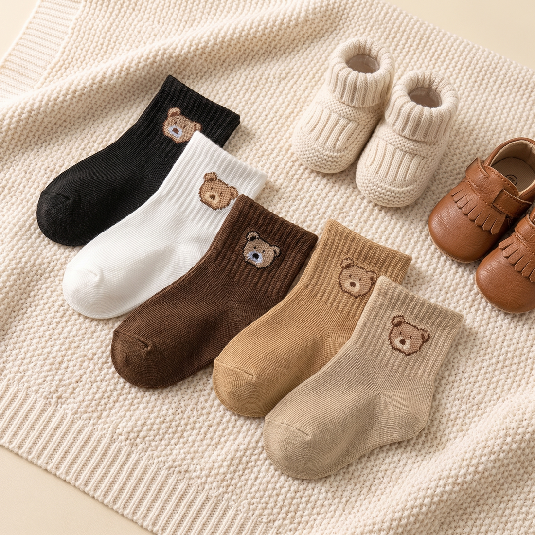 Baby Socks with Bear Design, pairs laid out on a cream knit blanket
