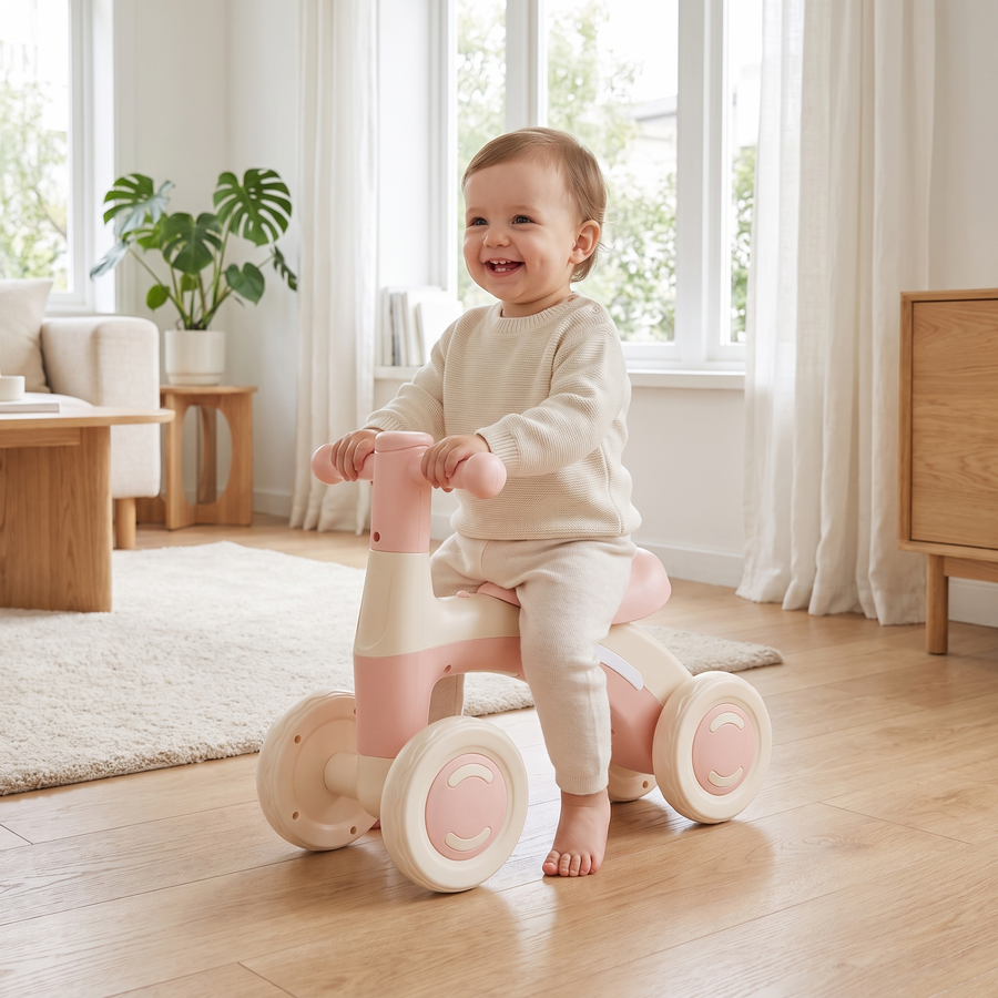 Baby Glider Bike, in a bright living room with a toddler sitting on it, feet on the floor
