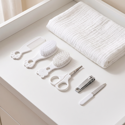 Baby Grooming Kit, laid out on a white changing table, flat lay